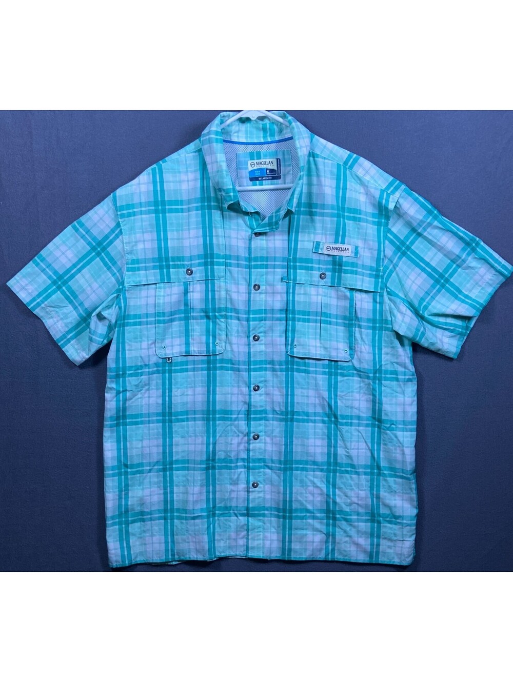 Magellan Short Sleeve Fishing Shirt Mens XLarge Fish Gear Relaxed Fit Teal Wick